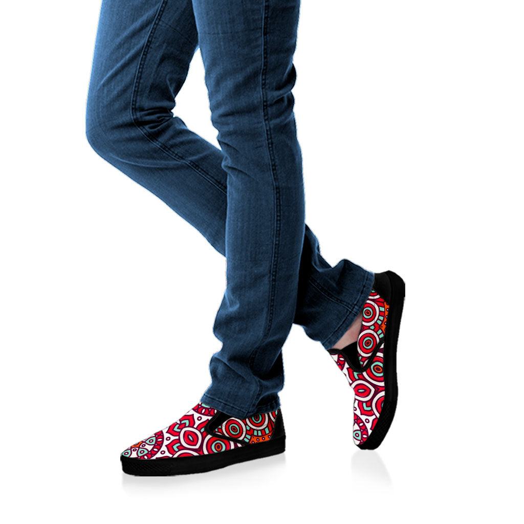 Vintage Indian Mandala Print Black Slip On Sneakers