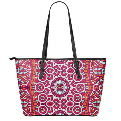Vintage Indian Mandala Print Leather Tote Bag