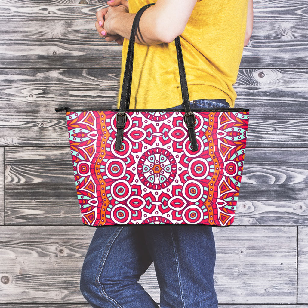 Vintage Indian Mandala Print Leather Tote Bag