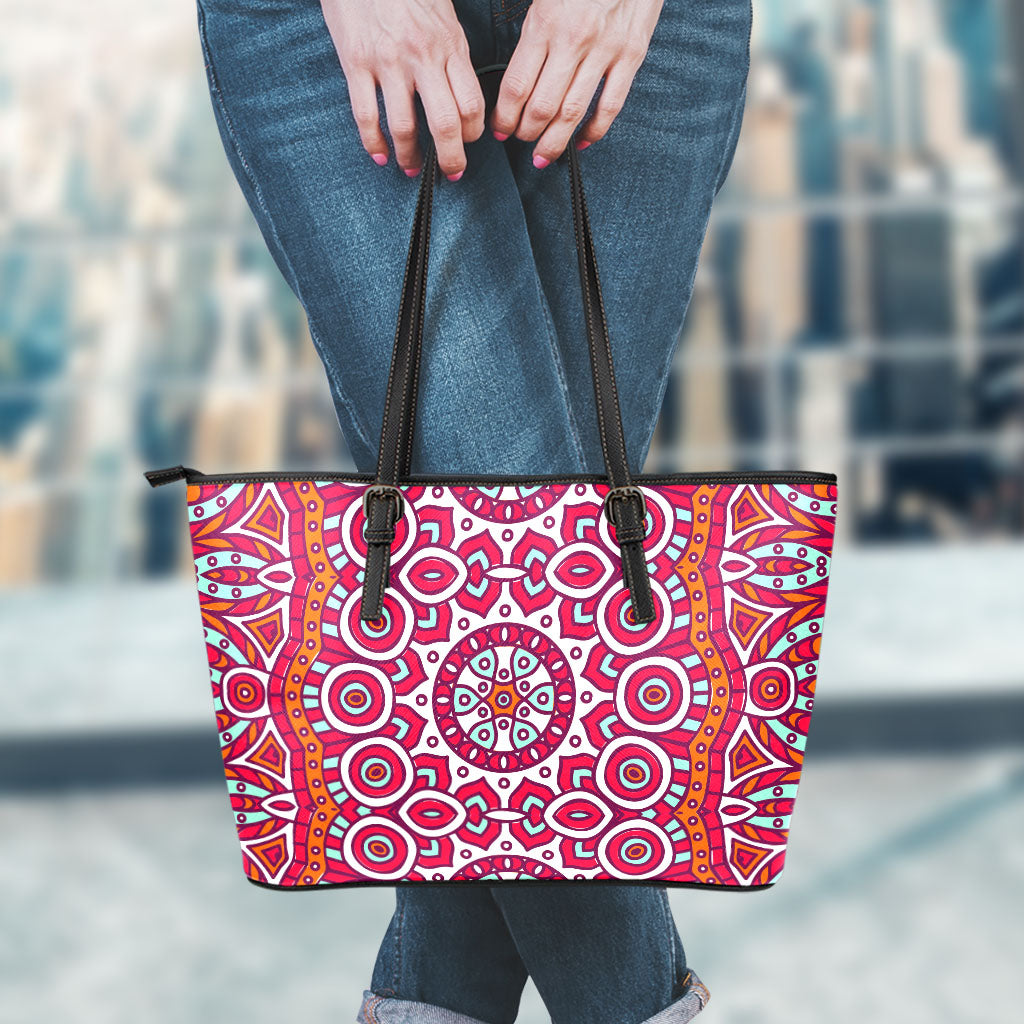 Vintage Indian Mandala Print Leather Tote Bag