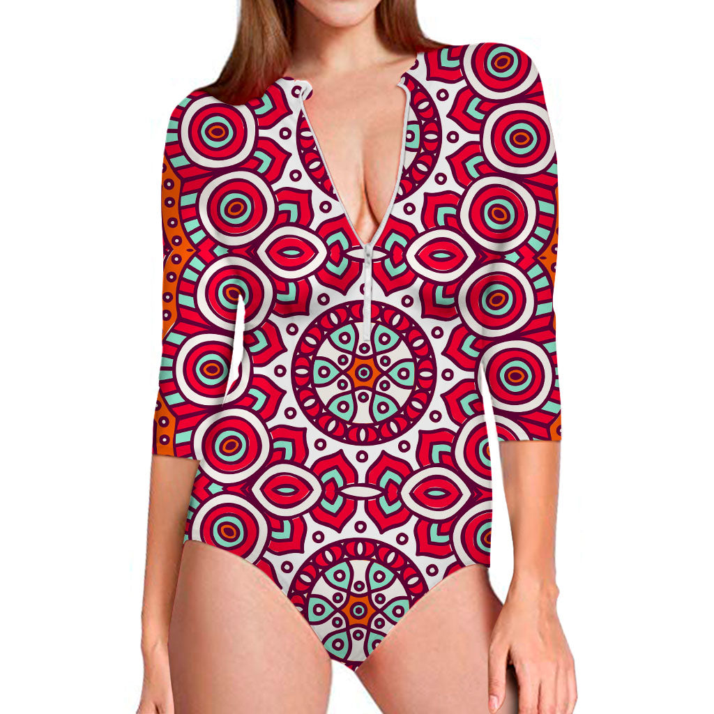 Vintage Indian Mandala Print Long Sleeve Swimsuit