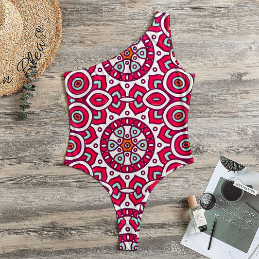 Vintage Indian Mandala Print One Shoulder Bodysuit