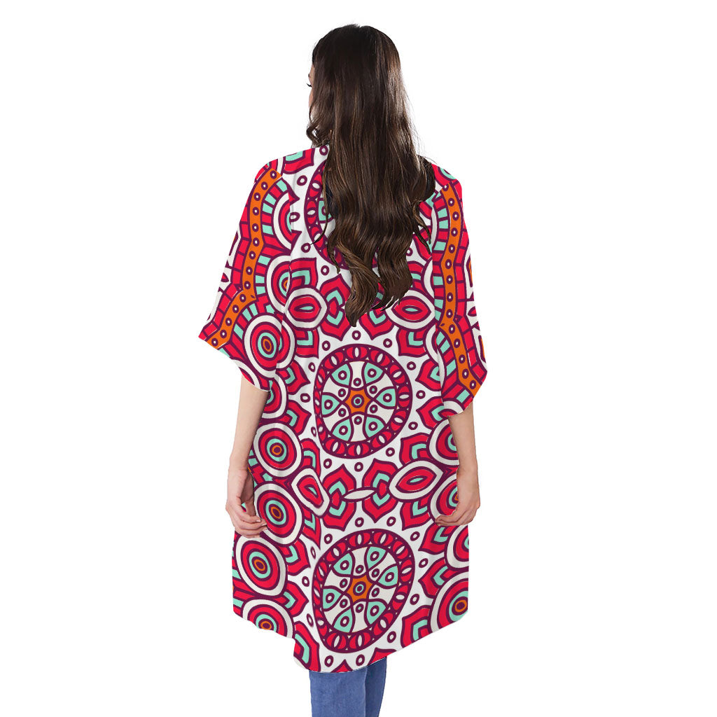 Vintage Indian Mandala Print Open Front Beach Cover Up