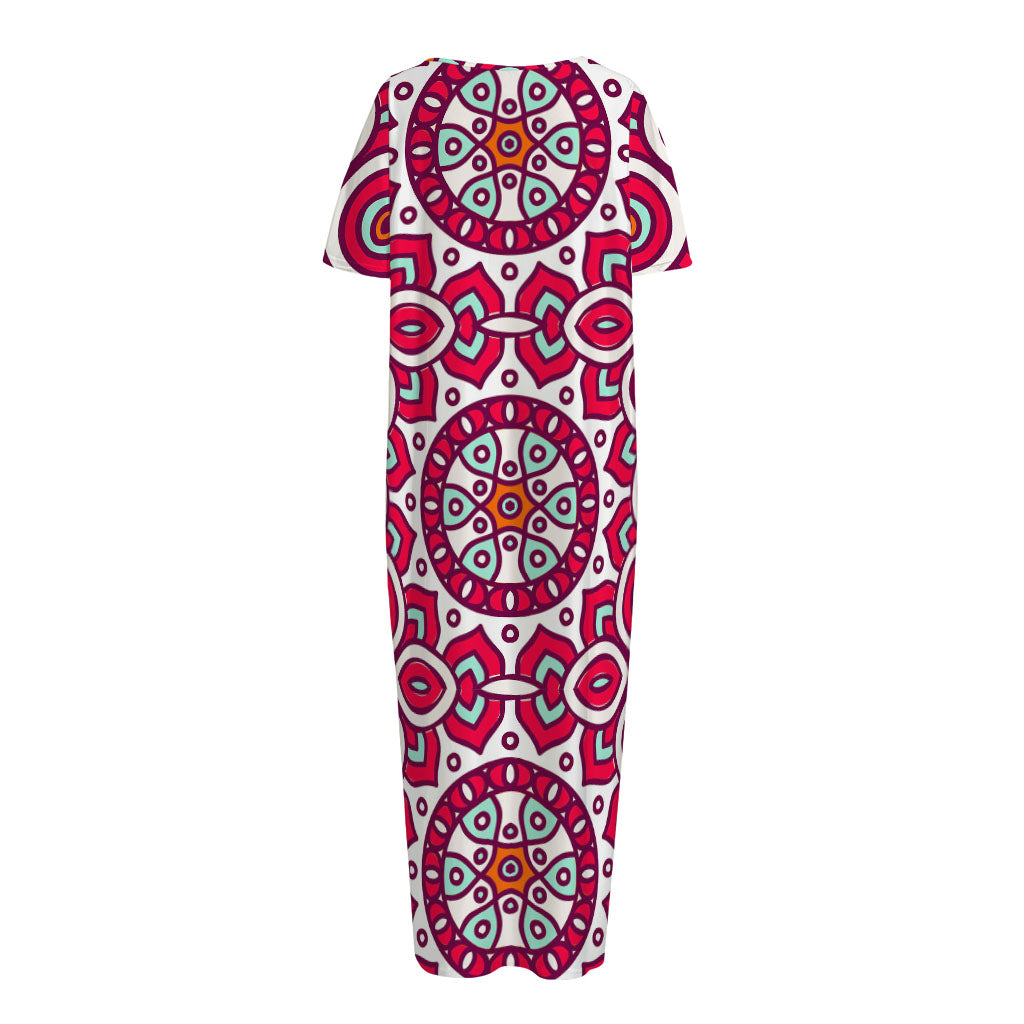 Vintage Indian Mandala Print Short Sleeve Long Nightdress