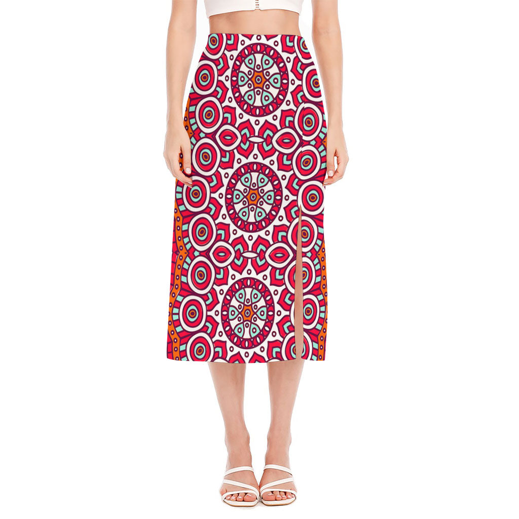 Vintage Indian Mandala Print Side Slit Midi Skirt