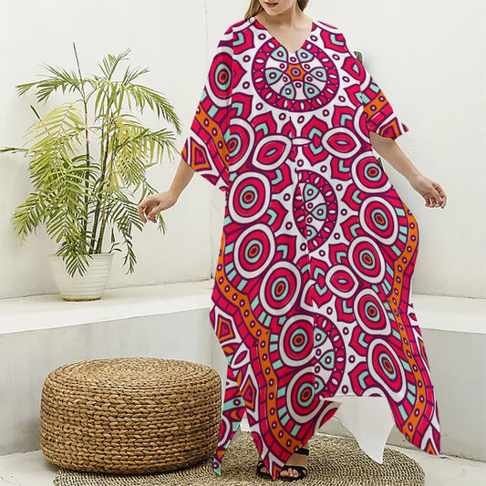 Vintage Indian Mandala Print Silk V-Neck Kaftan Dress