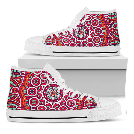 Vintage Indian Mandala Print White High Top Sneakers