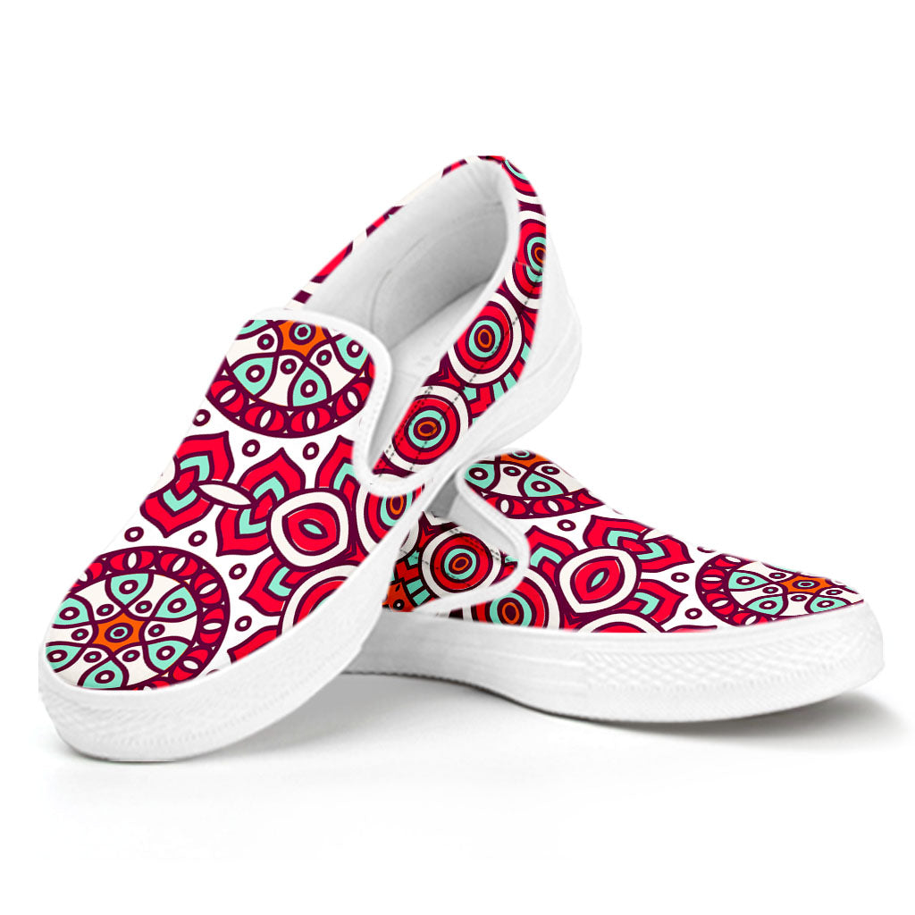 Vintage Indian Mandala Print White Slip On Sneakers