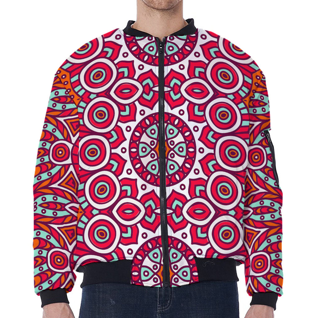 Vintage Indian Mandala Print Zip Sleeve Bomber Jacket