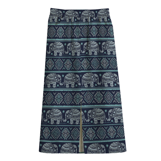 Vintage Indian Tribal Pattern Print Cotton Front Slit Maxi Skirt
