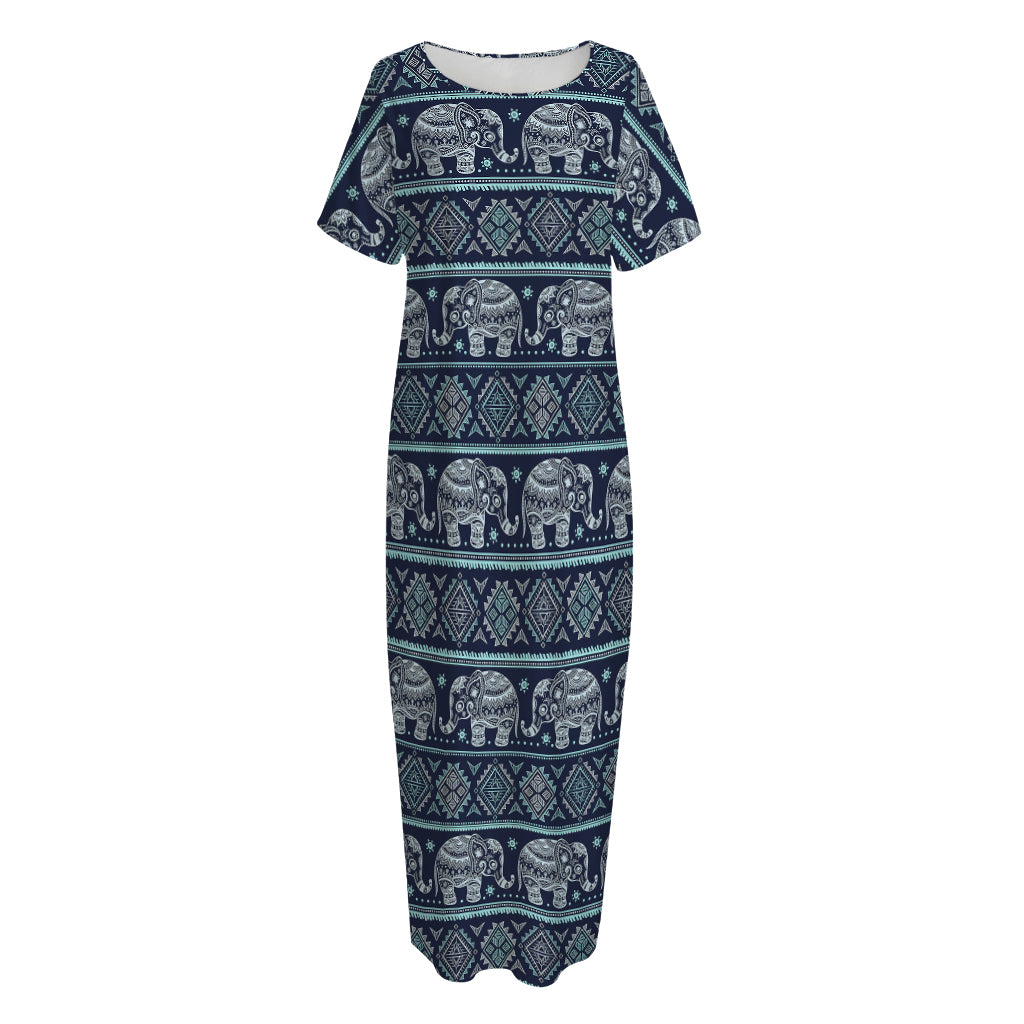 Vintage Indian Tribal Pattern Print Short Sleeve Long Nightdress