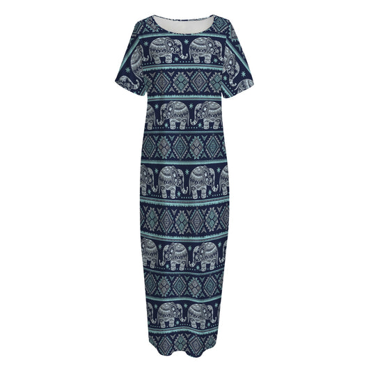 Vintage Indian Tribal Pattern Print Short Sleeve Long Nightdress