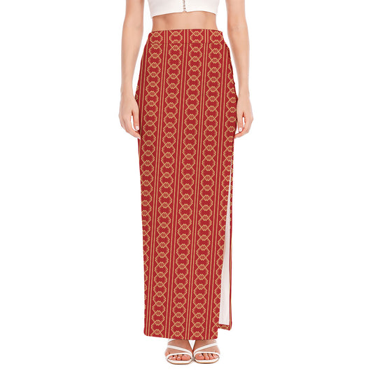 Vintage Japanese Pattern Print High Slit Maxi Skirt