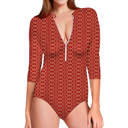 Vintage Japanese Pattern Print Long Sleeve Swimsuit