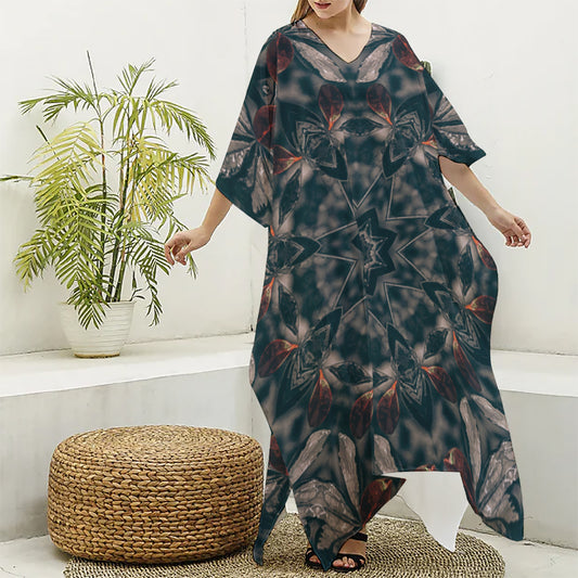Vintage Kaleidoscope Print Silk V-Neck Kaftan Dress