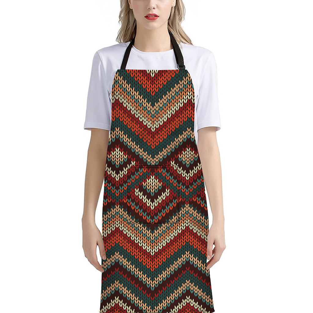 Vintage Knitted Pattern Print Bib Apron With Pocket