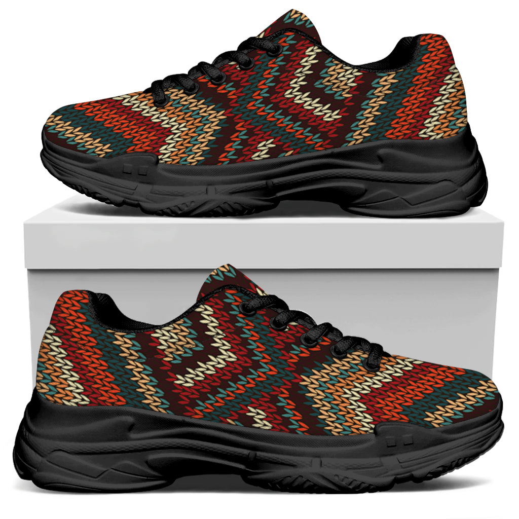 Vintage Knitted Pattern Print Black Chunky Shoes