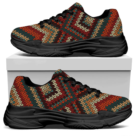 Vintage Knitted Pattern Print Black Chunky Shoes