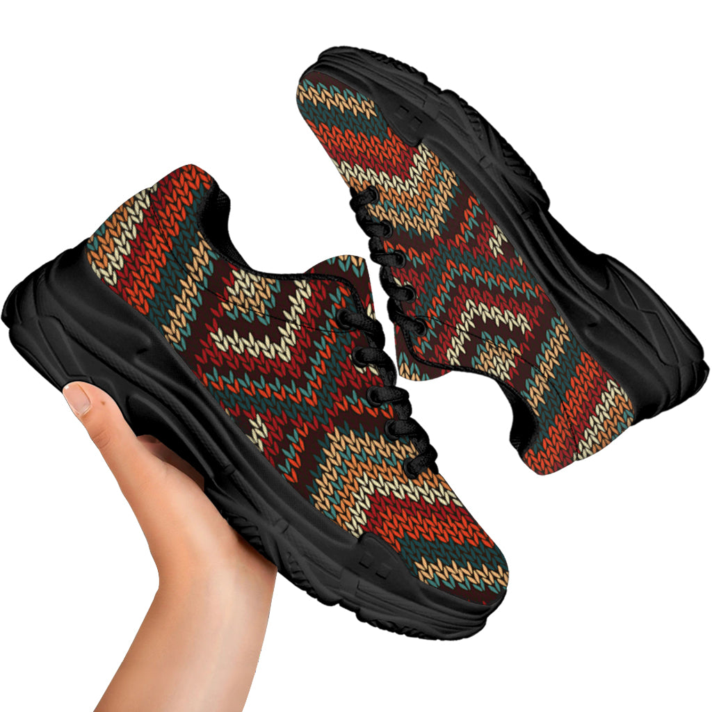 Vintage Knitted Pattern Print Black Chunky Shoes