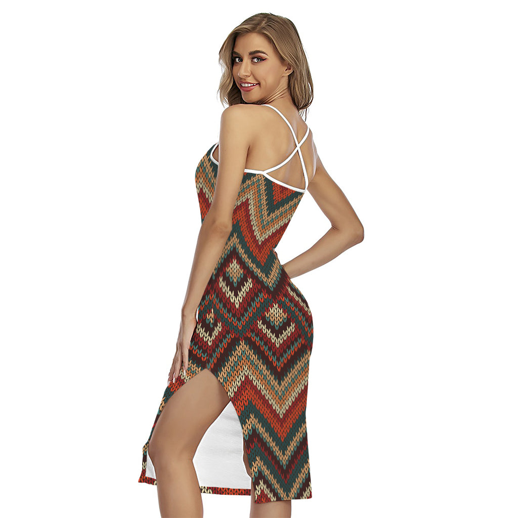 Vintage Knitted Pattern Print Cross Back Cami Dress