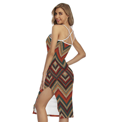 Vintage Knitted Pattern Print Cross Back Cami Dress