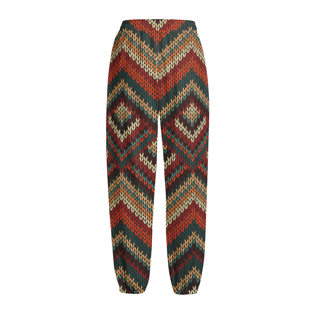 Vintage Knitted Pattern Print Fleece Lined Knit Pants