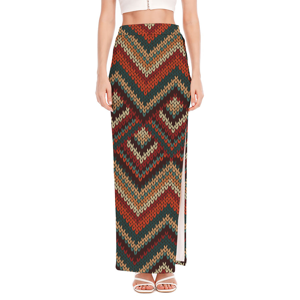 Vintage Knitted Pattern Print High Slit Maxi Skirt