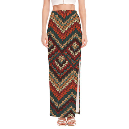Vintage Knitted Pattern Print High Slit Maxi Skirt