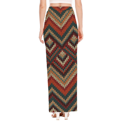 Vintage Knitted Pattern Print High Slit Maxi Skirt