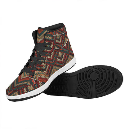 Vintage Knitted Pattern Print High Top Leather Sneakers