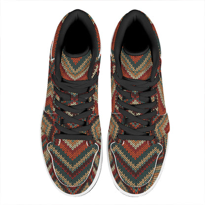 Vintage Knitted Pattern Print High Top Leather Sneakers