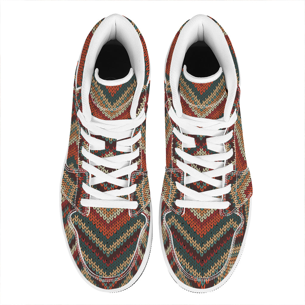 Vintage Knitted Pattern Print High Top Leather Sneakers