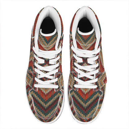 Vintage Knitted Pattern Print High Top Leather Sneakers