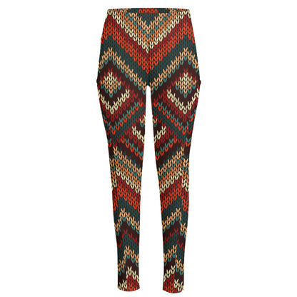 Vintage Knitted Pattern Print High-Waisted Pocket Leggings