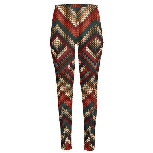 Vintage Knitted Pattern Print High-Waisted Pocket Leggings