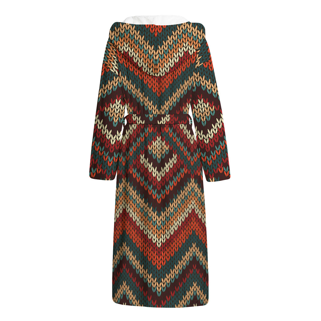 Vintage Knitted Pattern Print Hooded Bathrobe