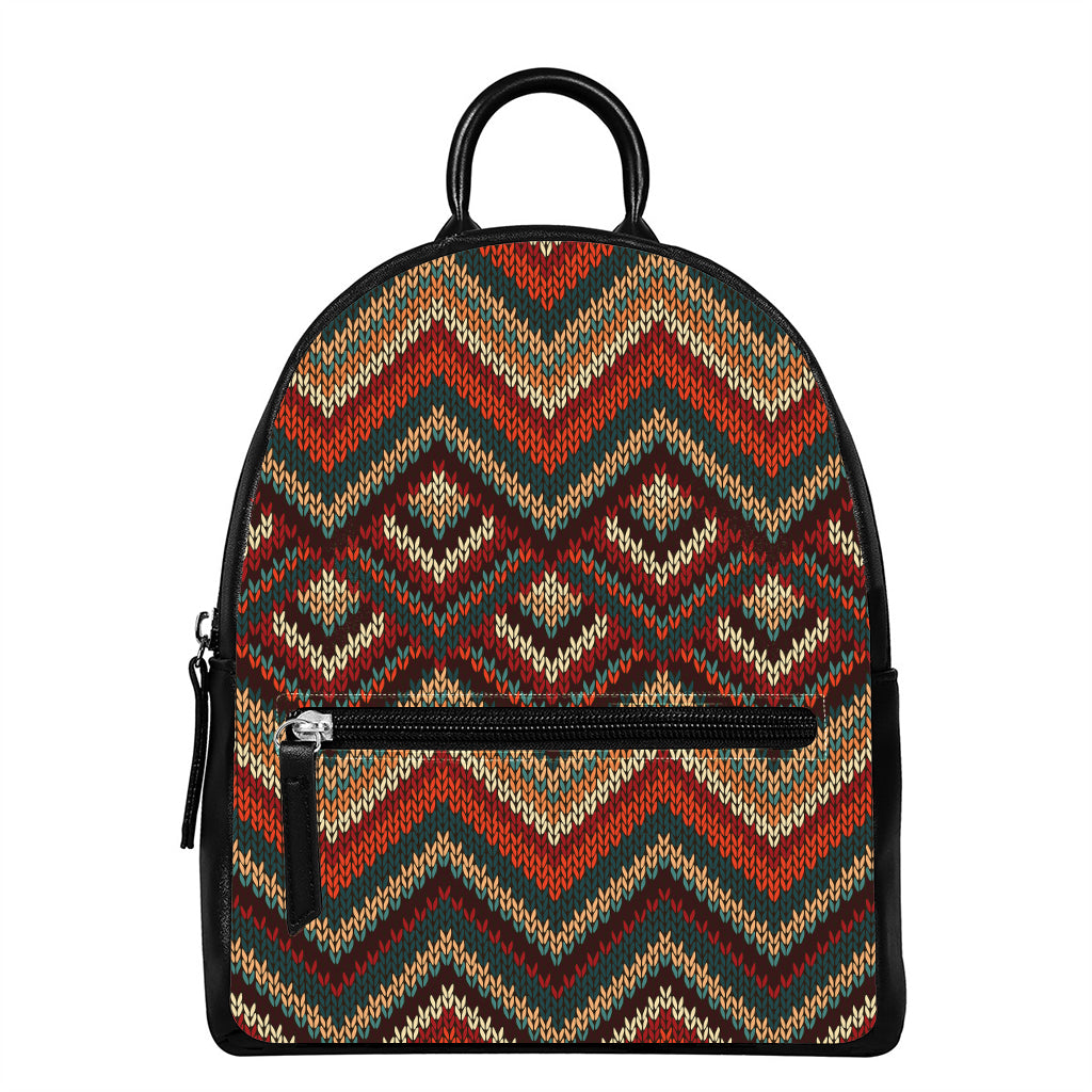 Vintage Knitted Pattern Print Leather Backpack