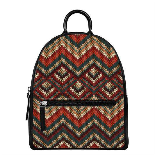 Vintage Knitted Pattern Print Leather Backpack