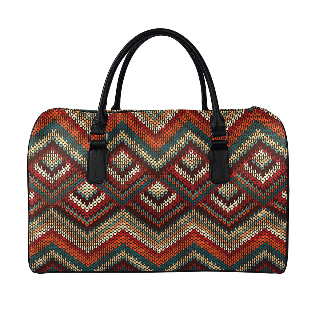 Vintage Knitted Pattern Print Leather Duffle Bag