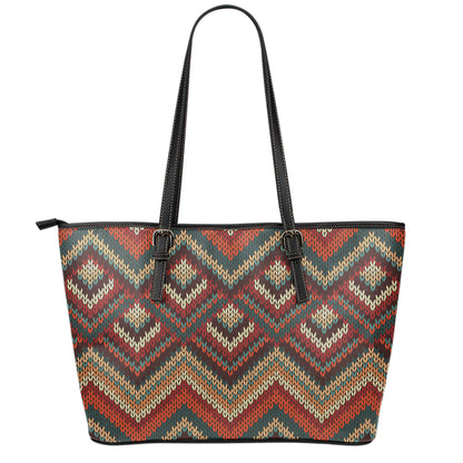 Vintage Knitted Pattern Print Leather Tote Bag