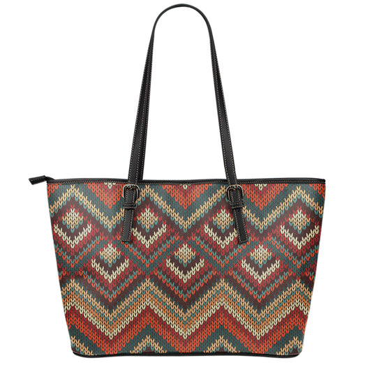Vintage Knitted Pattern Print Leather Tote Bag