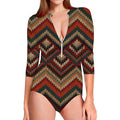 Vintage Knitted Pattern Print Long Sleeve Swimsuit