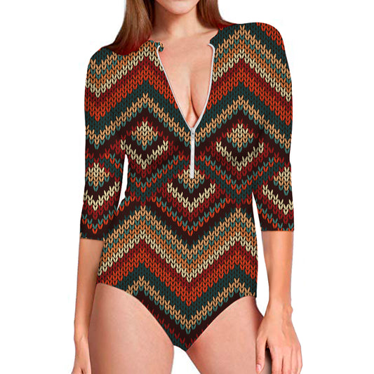 Vintage Knitted Pattern Print Long Sleeve Swimsuit