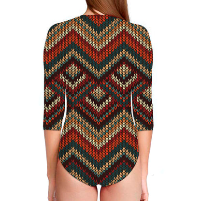 Vintage Knitted Pattern Print Long Sleeve Swimsuit