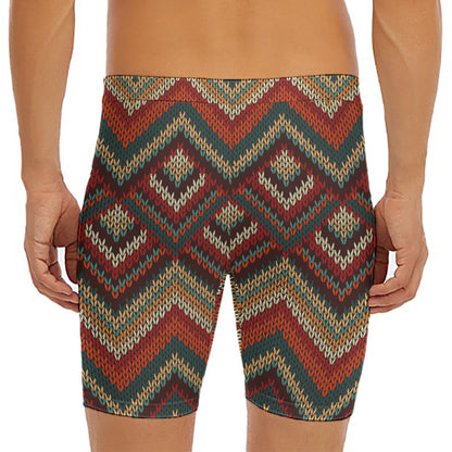 Vintage Knitted Pattern Print Men's Long Boxer Briefs