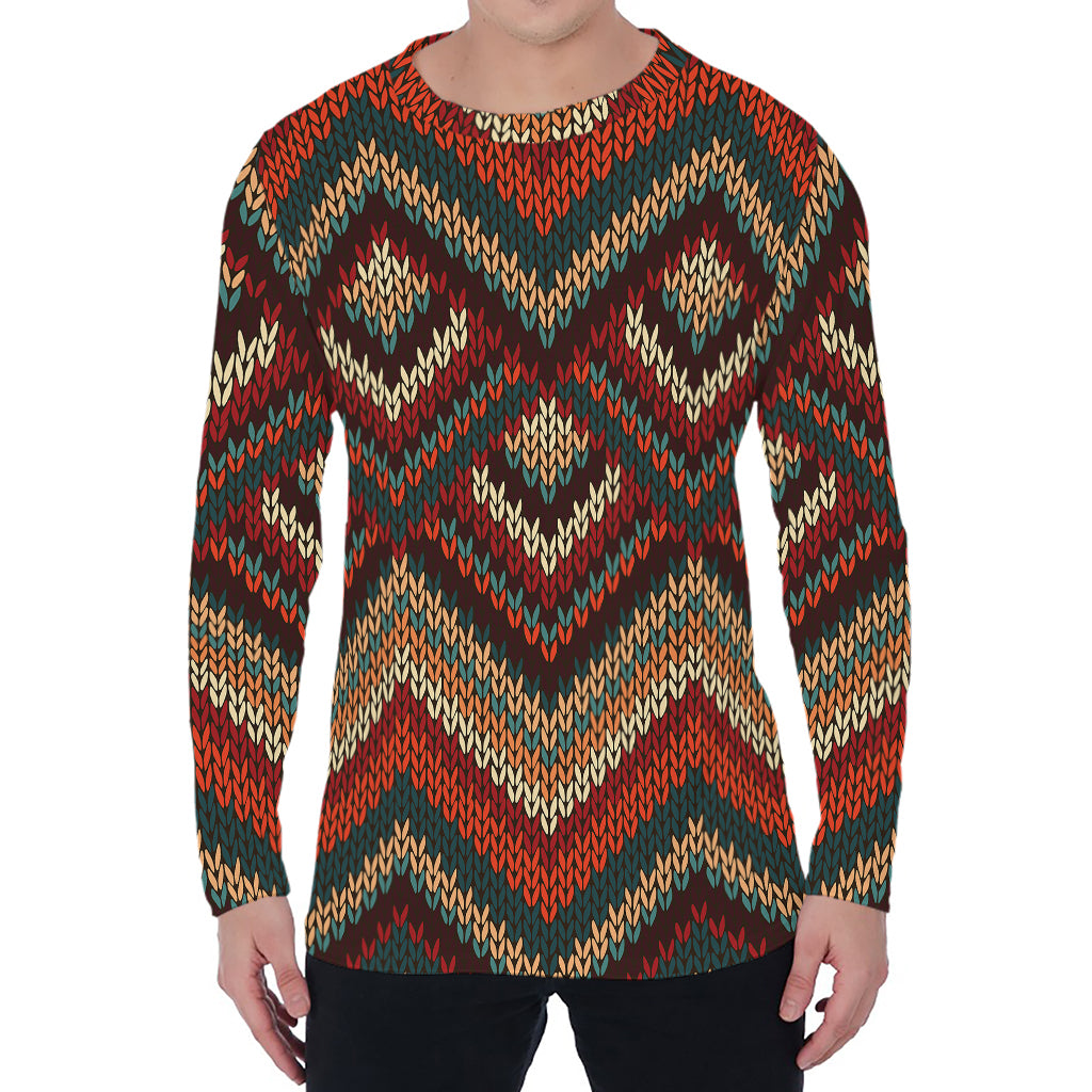 Vintage Knitted Pattern Print Men's Long Sleeve T-Shirt