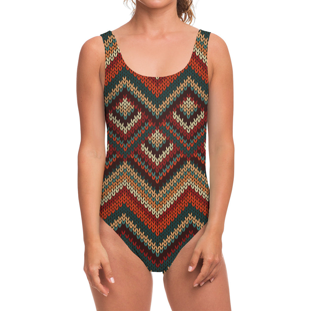 Vintage Knitted Pattern Print One Piece Swimsuit
