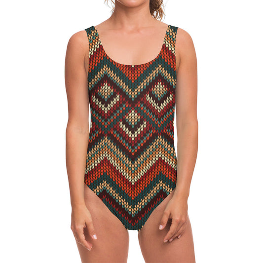 Vintage Knitted Pattern Print One Piece Swimsuit