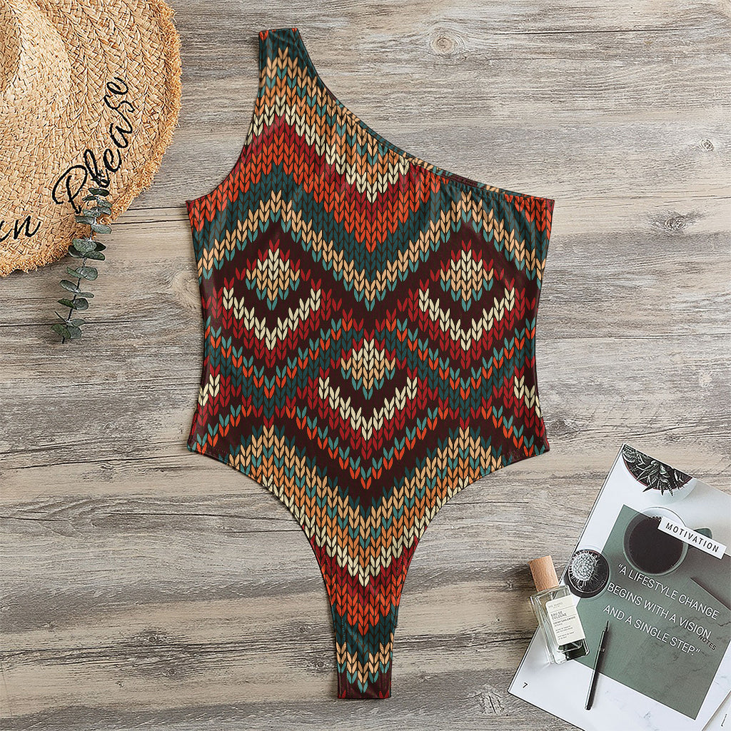 Vintage Knitted Pattern Print One Shoulder Bodysuit