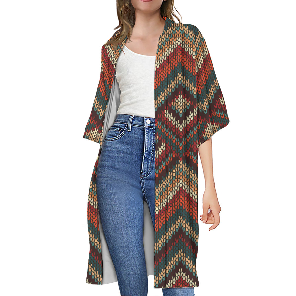 Vintage Knitted Pattern Print Open Front Beach Cover Up